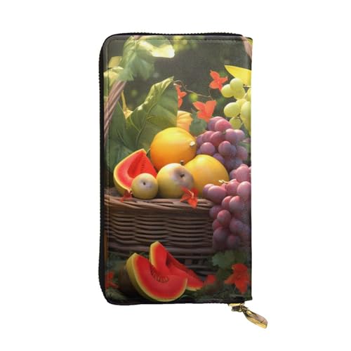 Portefeuille long en cuir pour femme grand format noir motif imprimé de fruits et plantes élégant