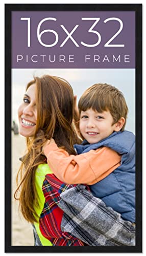 16x32 Frame Black Real Wood Picture Frame Width 0.75 Inches | Interior Frame Depth 0.5 Inches | Black Mid Century Photo Frame Complete with UV Acrylic, Foam Board Backing & Hanging Hardware