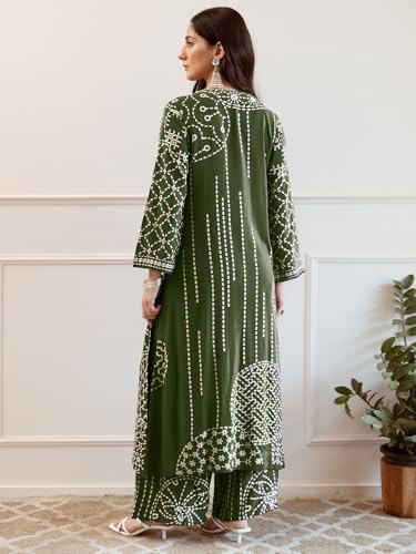 Image of INDO ERA Women's Green Viscose Rayon Printed Straight Kurta & Pant Set (IEOUT6940)