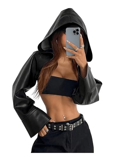 GORGLITTER Women's Pu Leather Shrug Bolero Jacket Long Sleeve Backless Hooded Crop Coat