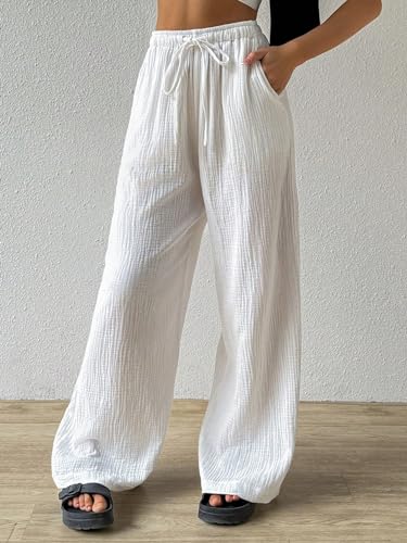 Women's 2024 Casual Summer Wide Leg Pants Loose Drawstring Waist Long Pants4