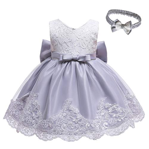 Baby Girls Lace Bowknot Princess Wedding Princess Birthday Dress with Bow Headband Photo Shoot Baby Clothes Set Gray