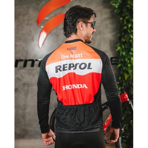 Camisa de Ciclismo Masculina Manga Longa Preta e Laranja Estampada Proteção UV Slim Confortável Pro