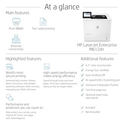 HP LaserJet Enterprise M612dn Monochrome Printer with built-in Ethernet & 2-sided printing (7PS86A)