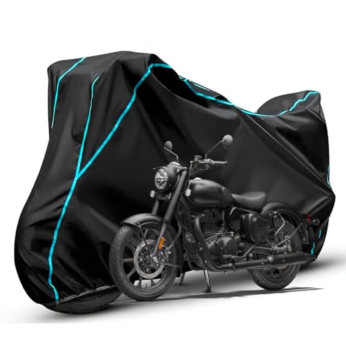 Image of Waterproof Bike Body Cover Compatible with RE Classic 350 Dustproof Scratchproof - Motorcycle Cover for Two Wheeler, Outdoor Full Cover with UV, Duty, Rain Protection (Black & Aqua) R1