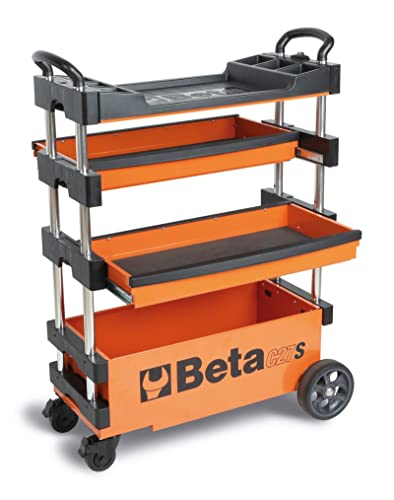Beta C27S Collapsible Rolling Tool Cart | Heavy-Duty Mobile Metal Tool Trolley with Locking Drawers, 4” Steering Wheels, Brake System & 110 lb Capacity | Thermoplastic Worktop | Orange