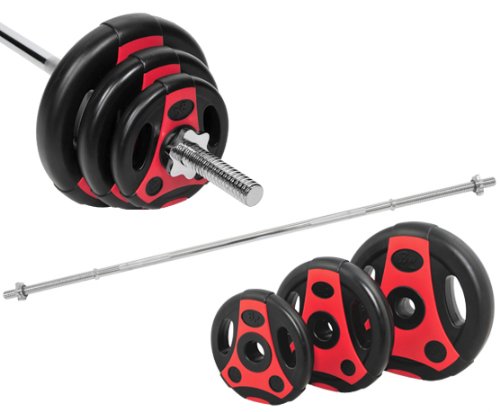 Bad Company Zestaw hantli I K-Grip tarcze do sztangi z tworzywa sztucznego (2 x 1,25 kg, 2 x 2,5 kg, 2 x 5 kg) z długą sztangą 30/31 mm I kompletny zestaw 26,5 kg