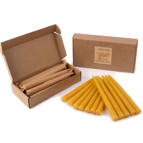 12 Pack Beeswax Taper Candles 8 Inch - Hand-Dipped Dripless & Smokeless Candles Sticks Bees Wax Candle for Home Decor Dinner Party Prayer 8-Hour Burn Time (96 Hrs Total) Natural Honey Scent