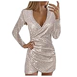 LianMengMVP Frauen Figurformend Partykleid Langärmlig Minikleider Club Outfits Glitzer Kleid Sexy Pailletten Hals Langarm Selbstanbau Kleider Schlank Elegante Partykleid