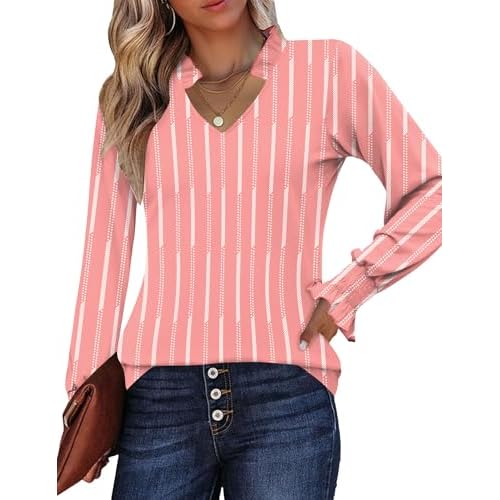 Kistore Long Sleeve Shirts for Women Pleated Cuffs Dressy Business Casual Blouses 2025 Trendy Puff V Neck Tunic Tops