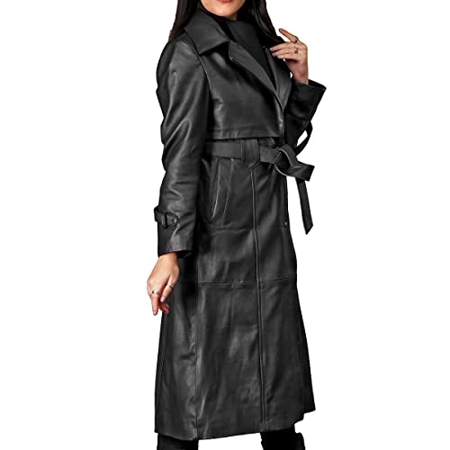 Women's Fine Grain Leather Trench Coat - Ladies Black Lambskin Long Leather Over Coat with Belt4