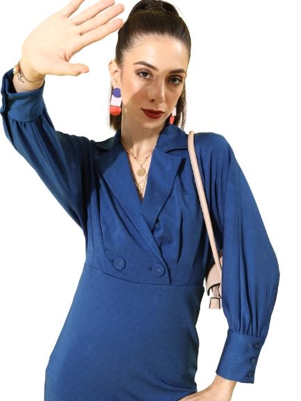 Dresses for Women Women Blue Solid Blazer Dress-image-4