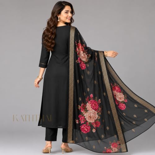 Image of Kaththai Women Embroidered Kurta and Pant Set with Dupatta | Ethnic Suit Set for Women | Floral Printed Organza Dupatta | Festive, & Traditional Kurta Set