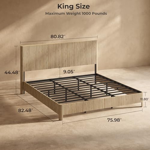 Image of Evermagin Oak King Bed Frame with Headboard, Mid Century Modern Fluted Platform Bed, Boho Wooden Bed Base No Box Spring Needed, Wavy Grooved Panel
