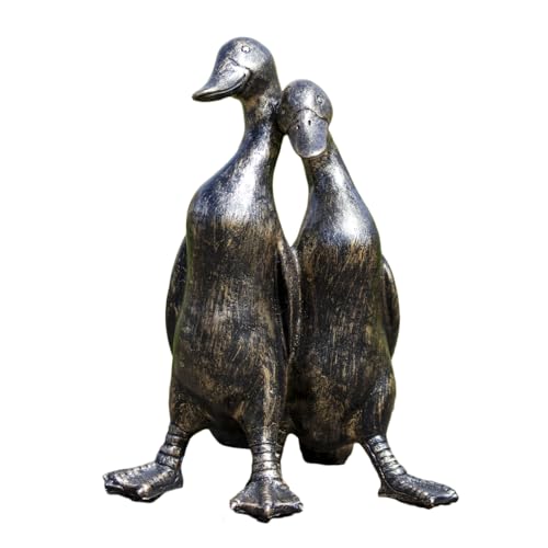 Image of Darthome Aged Gold Duck Pair Garden Ornament, Resin, Distressed Finish, Indoor and Outdoor Decor, W23cm x H28cm x D14cm