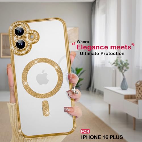 Image of AESTMO Back Cover for iPhone 16 Plus Compatible with MagSafe | Diamond Glitter Case | Luxury Bling Rhinestone Soft Clear TPU Bumper | Camera Lens Protection Cover for iPhone 16 Plus (Gold)