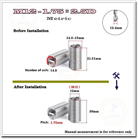 10pcs M12-1.75×2.5D Wire Thread Insert Assortment Metric,Stainless Steel Helicoil Type Thread Repair Insert