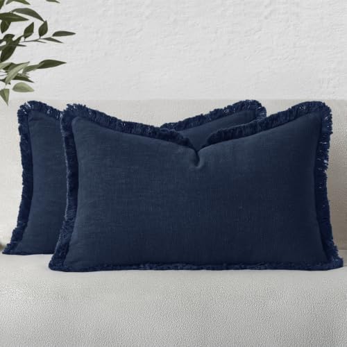 Image of MIULEE Linen Fringe Decorative Lumbar Throw Pillow Covers Dark Navy 12x20 | Set of 2, Cottagecore Decor, Boho Farmhouse Coastal Pillow Covers, Rustic Couch Cushion Cases for Sofa Bed Living Room