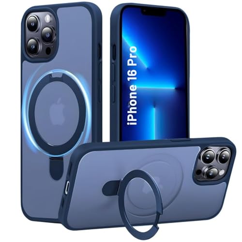 Image of AIBEX Back Cover for Apple iPhone 16 Pro MagSafe Compatible with OStand Ring Kickstand Magnetic Metal Alloy Ring | Wireless Charging | Slim Thin Scratch Resistant Armor Shockproof Protective Case-Blue