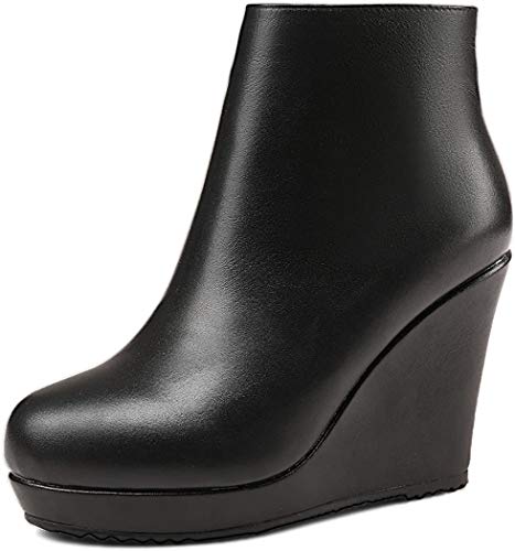 ANNIESHOE Leder Stiefeletten Damen Keilabsatz Ankle Boots Plateau Schwarz 40 CN 39 EU 25cm