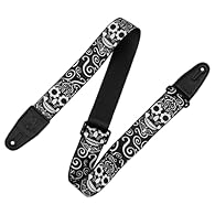 The MP2CAL-003 is a 2" wide polyester shoulder strap and adjustable up to 65" (165.1 cm) thanks to the plastic buckle Features leather end caps and is handmade in Nova Scotia, Canada Black and White Skull Design