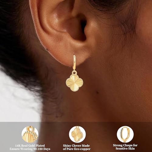 Clover Earrings for Women - 14K Gold Plated Four Leaf Drop Dangle Hoop Earring Hypoallergenic Lightweight Jewelry Lucky Gift for Birthday Christmas Anniversary Jewelry/Gold Dangling Clover Earring2