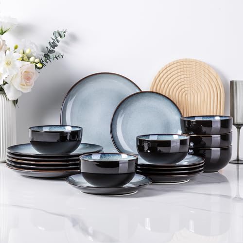 Image of LERATIO Ceramic Dinnerware Sets for 8,Stoneware Plates and Bowls Sets,Handmade Reactive Glaze Dishes Set,Chip Resistant and Scratch Resistant | Oven&Dishwasher & Microwave Safe-Gray White (24PCS)