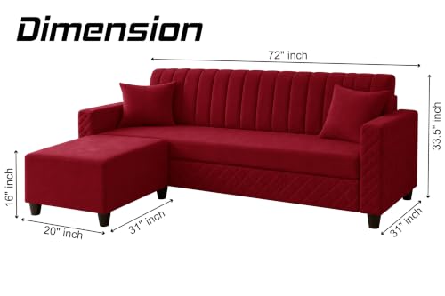 Image of 3 Seater Velvet Sofa with Ottoman | Modern Upholstered Couch | Quilted Design | Soft Comfortable Seating | Sturdy Wooden Frame | Living Room, Office - Red