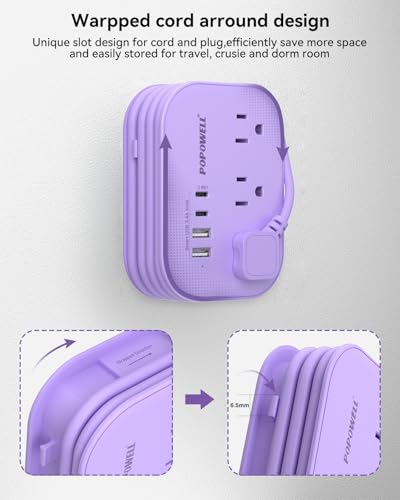 Image of Purple Extension Cord-, 5 FT Kawaii Travel Power Strip, 1250W Cute Extension Cord with 3 AC Outlet 4 USB Desktop Charging Station, Purple Desk Accessories for Cruise Essentials, Travel, Home, Dorm.