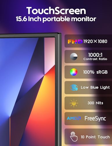 Image of ZSCMALLS 15.6'' 1080P 60HZ Touch Portable Monitor for Laptop, 1920Px1080P Touch Screen with HDR, 100% sRGB 1000:1, Ultra Slim & Eye Care,Travel Monitor External for Laptop, Mac, PC, PS5, Xbox