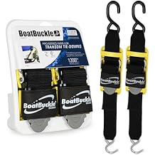 BoatBuckles Pro Series Kwik-Lok Boat Tie Down Straps to Trailer with Boat Pads, 2-Pack Easy to Use Adjustable Transom Tie Down Straps, 2-Inch x 6-Feet, 1,200 Lbs Break Strength