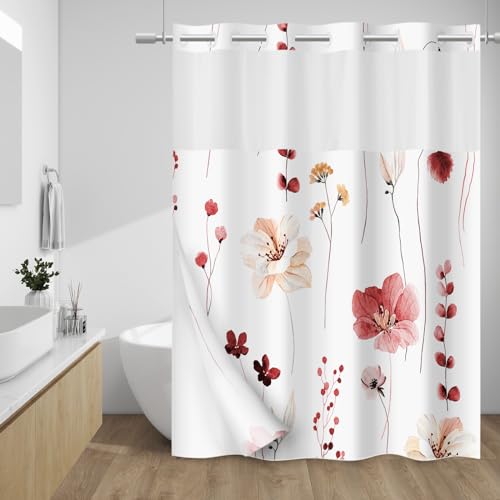 WITHLOC Hook Free Floral Shower Curtain with Liner, Red, 71x74