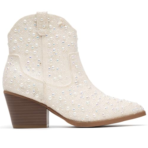 Image of YAYONE Rhinestone Zipper Sparkly Ankle Boots - Glitter Pointed Toe Fashion Comfortable Shoes, Pull on Chunky Heel Western Boots