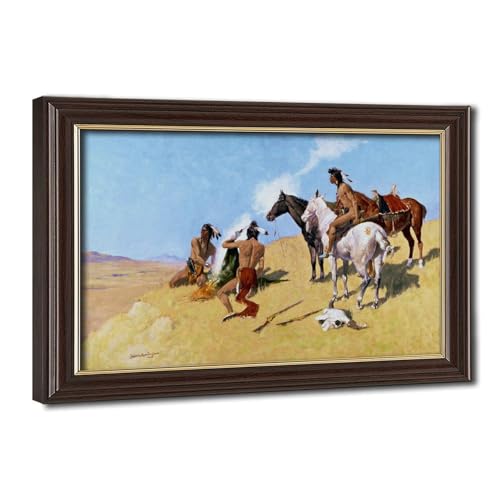 Impression sur toile The Smoke Signal par Frederic Remington cadre suspendu 51x76 cm