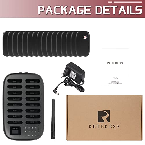 Retekess TD175 Restauracja Pager System, Bezprzewodowy System Przywoławczy, Wibracje, Gotowy do Użycia Bez Parowania, 7 Trybów Połączeń, 500m, do Baru Restauracyjnego