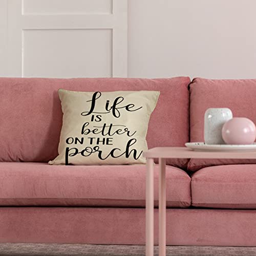 Fbcoo Life Is Better On The Porch Home Decorative Throw Pillow Cover, Farmhouse Quote Rustic Pillowcase Decoration Sign 18 X 18 Outdoor Cushion Cover For Sofa Couch Decor Cotton Line #TOP5