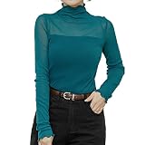 [Teddy] カットソー レディース シースルー シアー 長袖 薄手 ハイネック 袖口フリル 春夏 tops1442 (ターコイズ, L)