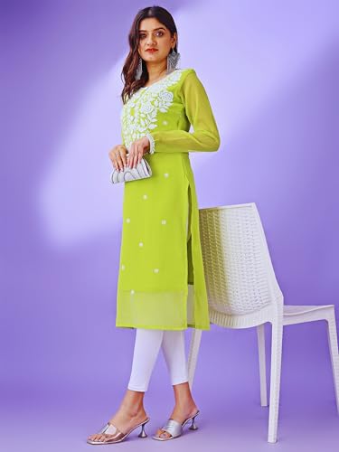 Image of HESVI Women's Georgette White Lakhnavi Chikankari Kurti with Intricate Embroidery Work