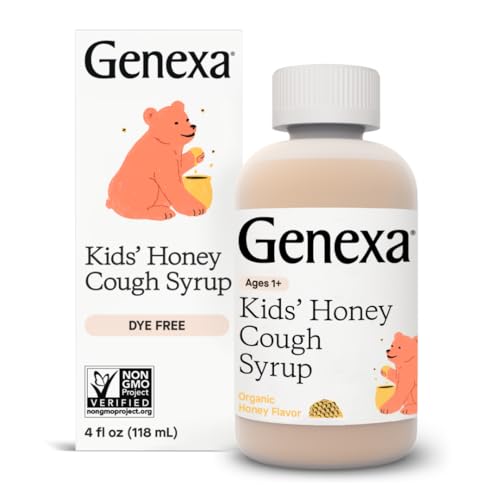 Image of Genexa Kids’ Organic Honey Cough Syrup, Dye Free, 0% Artificial Additives, Children's Cough Remedy for Kids 2-11, Soothing Natural Honey Flavor, Gluten Free, & Non-GMO 4 fl oz