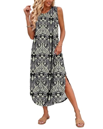 AUSELILY Robe Longue Femme Ete sans Manches Robe de Plage Maxi Casual Femme Longue avec Poches Boho Fleuri Noir1 L
