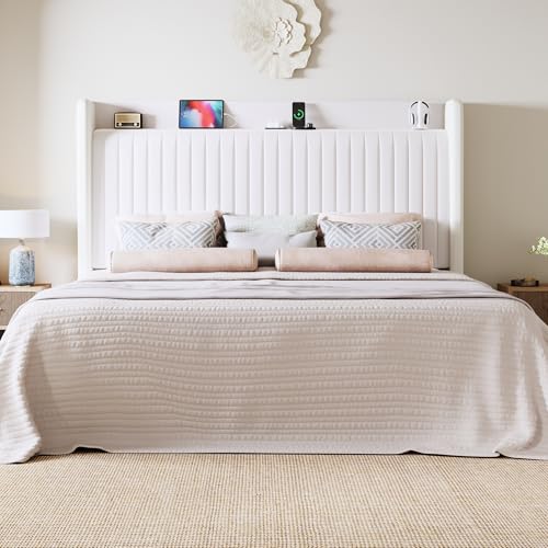 Image of Allewie King Size Platform Bed Frame with USB Charging Station and Storage Shelf /Upholstered Velvet Wingback Headboard /Wooden Slats Support /No Box Spring Needed /Easy Assembly, White