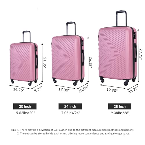 3 Piece Luggage Sets ABS Lightweight Suitcase with Two Hooks, Spinner Wheels, TSA Lock, (20/24/28, Pink)3