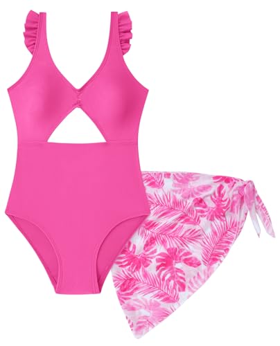 Happy Cherry Girls One Piece Swimsuit with Coverup Mesh Skirt Cut Outs Ruffle Cute Bathing Suits for Teens Padded Swimwear