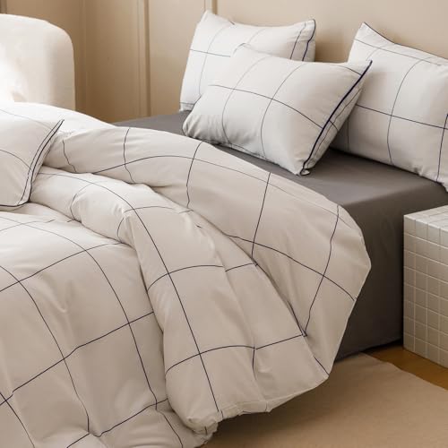 Image of KAREVER White Grid Comforter Queen Women Navy Blue Square Lines Checkered Bedding Set Queen White Plaid Comforter Queen Size