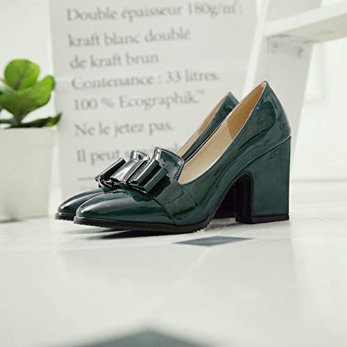 MOOMMO Women Chunky Heel Pumps Bowknot Patent Leather Loafers Round Closed Toe Sandals 3.5 Inch High Block Heel Slip On Summer Casual Office Dress Shoes Size 4-11 M US3