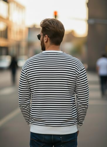 Image of Mack Jonney Men's Black Cotton Full Sleeve T-Shirt | Soft Breathable Casual Wear | Stylish Striped Round Neck Tshirt-JMAK-107