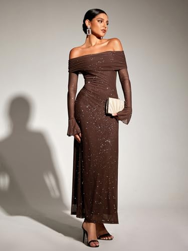 KUTUMAI Women Off Shoulder Bodycon Maxi Dress Long Sleeve Mesh Ruched Party Formal Wedding Guest Dresses