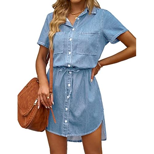 luvamia Women Casual Denim Dress Short Sleeve Tie Waist Classic Jean Shirt Dress X-Large A1 Blue Tides