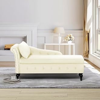 ACMEASE Upholstered Chaise Lounge with Left Armrest & Lumbar Pillow,Button Tufted Lounge Sofa with Storage,Lounge Chair Indoor,Modern Velvet Lounge Chair for Bedroom, Living Room and Office,Beige