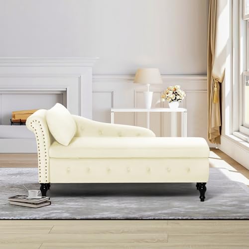 ACMEASE Upholstered Chaise Lounge with Left Armrest & Lumbar Pillow,Button Tufted Lounge Sofa with Storage,Lounge Chair Indoor,Modern Velvet Lounge Chair for Bedroom, Living Room and Office,Beige